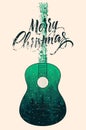 Merry Christmas. Calligraphic grunge Christmas card or poster design with winter forest landscape inside silhouette acoustic guita